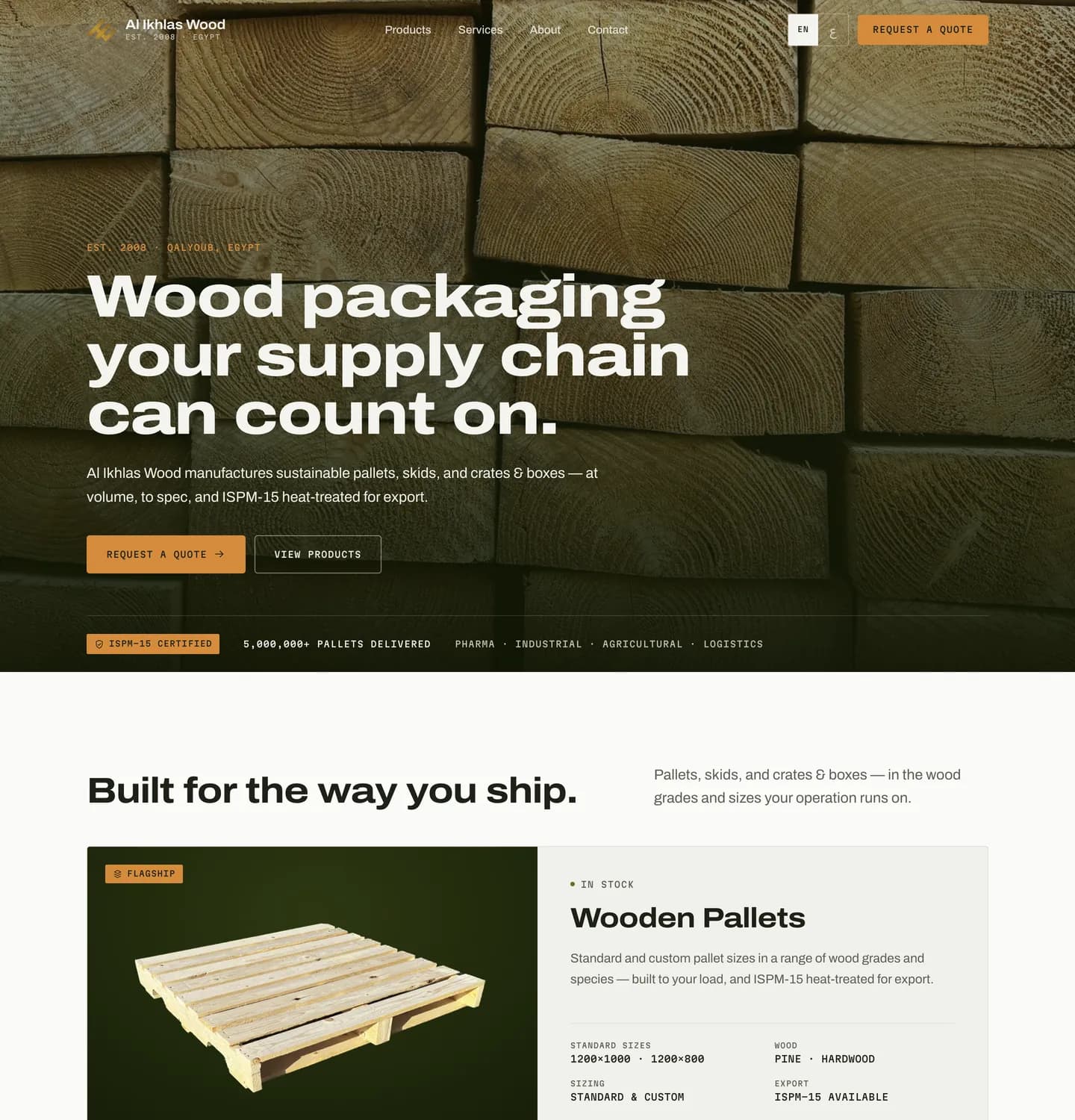 The Al Ikhlas Wood home page, with its wood-packaging hero and quote call to action.