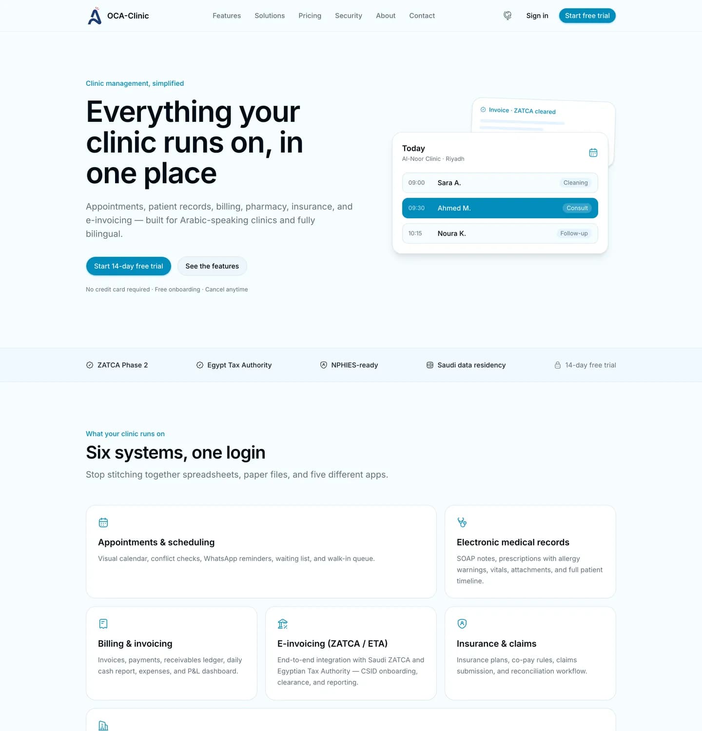 The OCA-Clinic product site, showing the appointment and billing platform.
