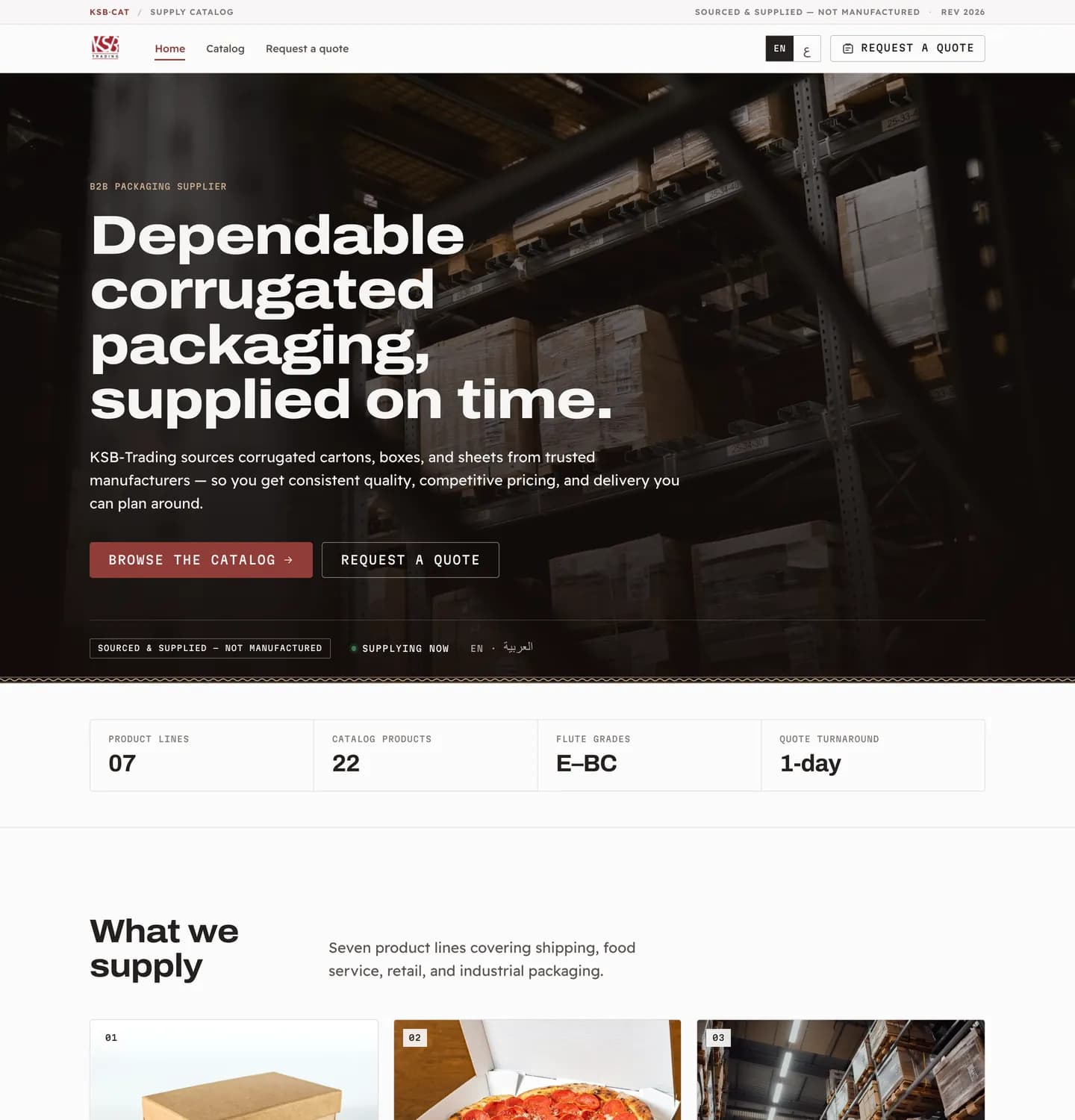 The KSB-Trading home page, showing its corrugated packaging supply catalogue.
